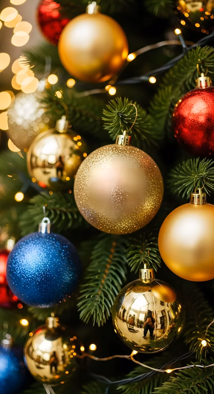 Vibrant Gold Blue Red Christmas Tree Ornaments Close-up - Free Mobile AMOLED Wallpaper Background
