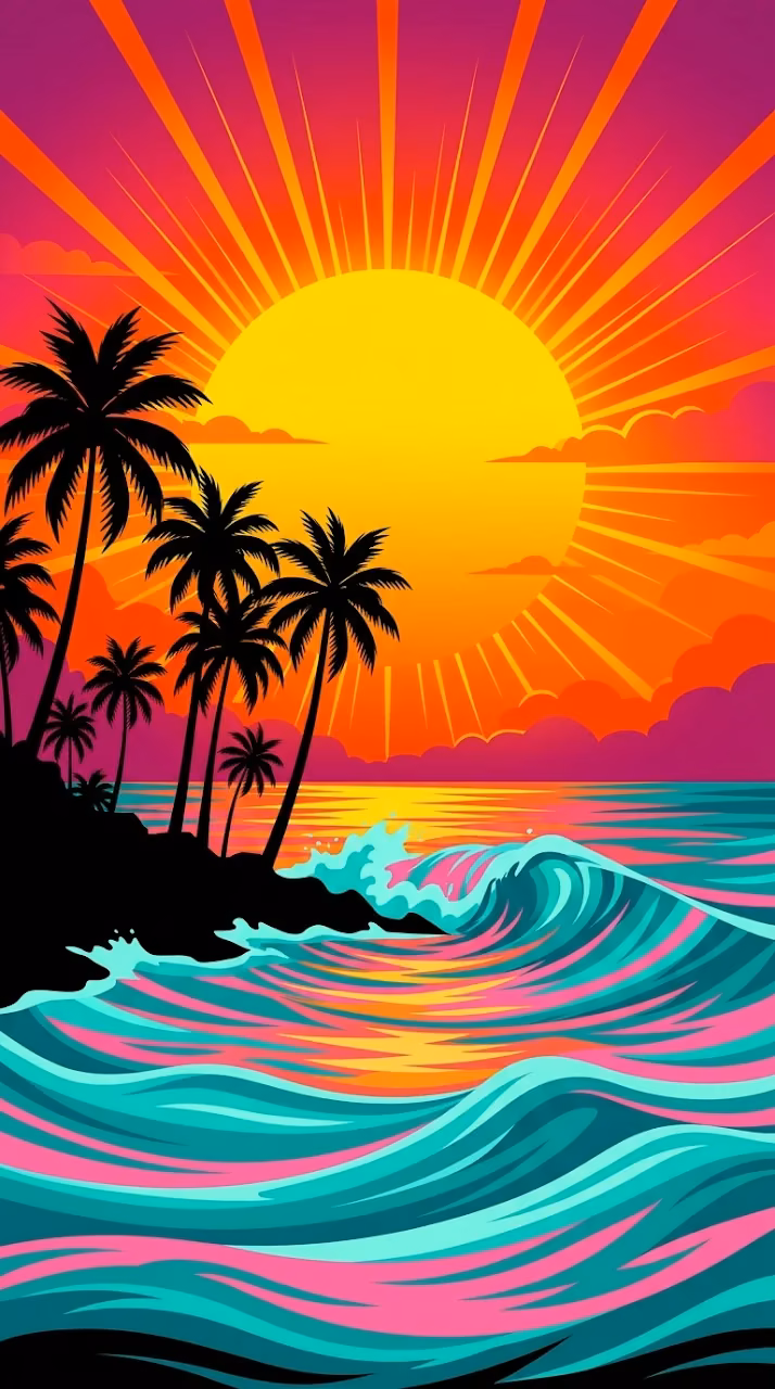 Vibrant Graphic Illustration of a Tropical Sunset with Waves and Palms - Free Mobile AMOLED Wallpaper Background