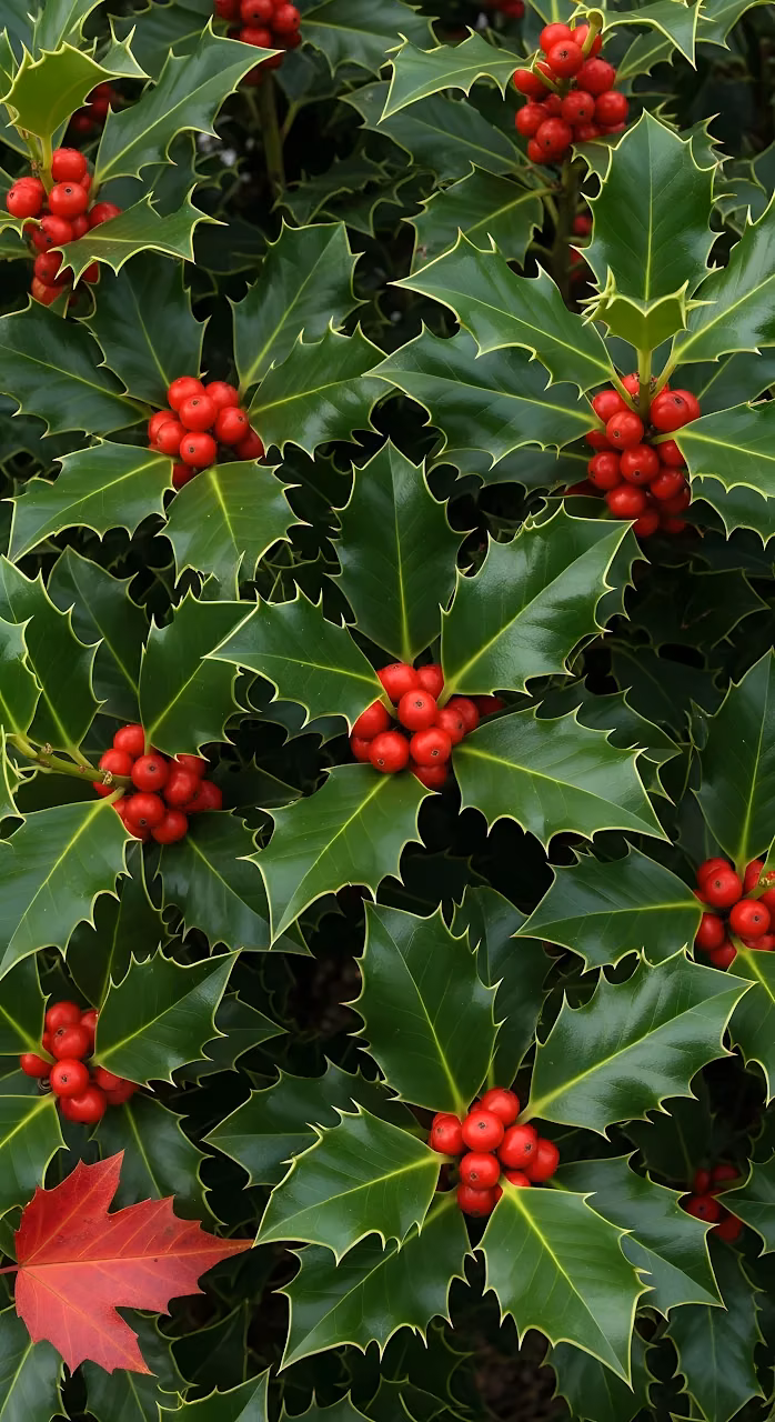 Vibrant Green Holly Leaves and Bright Red Berries Close Up - Free Mobile AMOLED Wallpaper Background