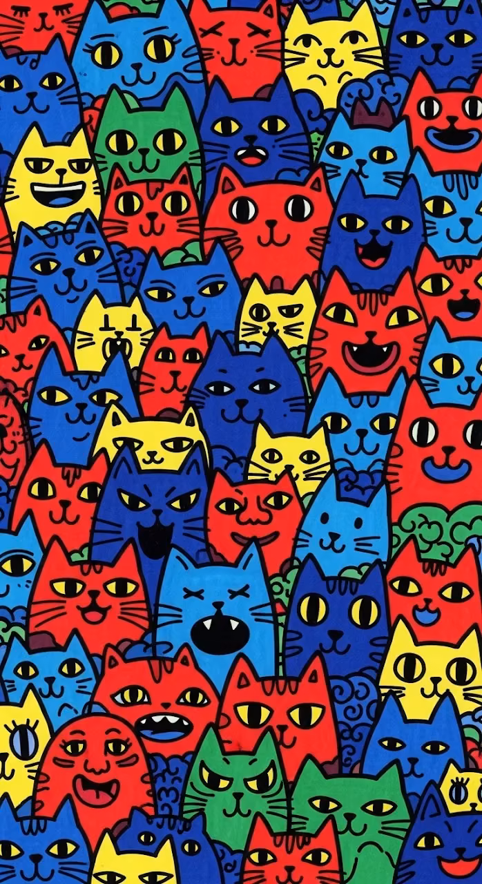 Vibrant Hand-Drawn Doodle Collage of Cat Faces and Characters - Free Mobile AMOLED Wallpaper Background