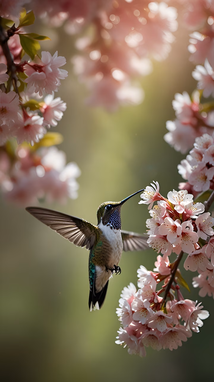 Download Vibrant Hummingbird Feeding Pink Sakura Bloom Spring Macro Shot Wallpaper in Mobile HD Vibrant Hummingbird Feeding Pink Sakura Bloom Spring Macro Shot - Free Mobile AMOLED Wallpaper Background