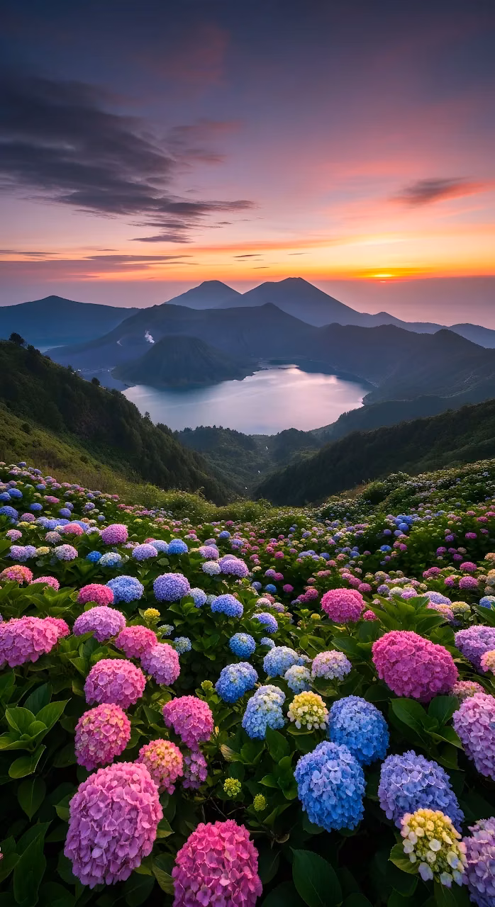 Download Vibrant Hydrangea Field Overlooking Volcanic Crater Lake Sunset Wallpaper in Mobile HD Vibrant Hydrangea Field Overlooking Volcanic Crater Lake Sunset - Free Mobile AMOLED Wallpaper Background