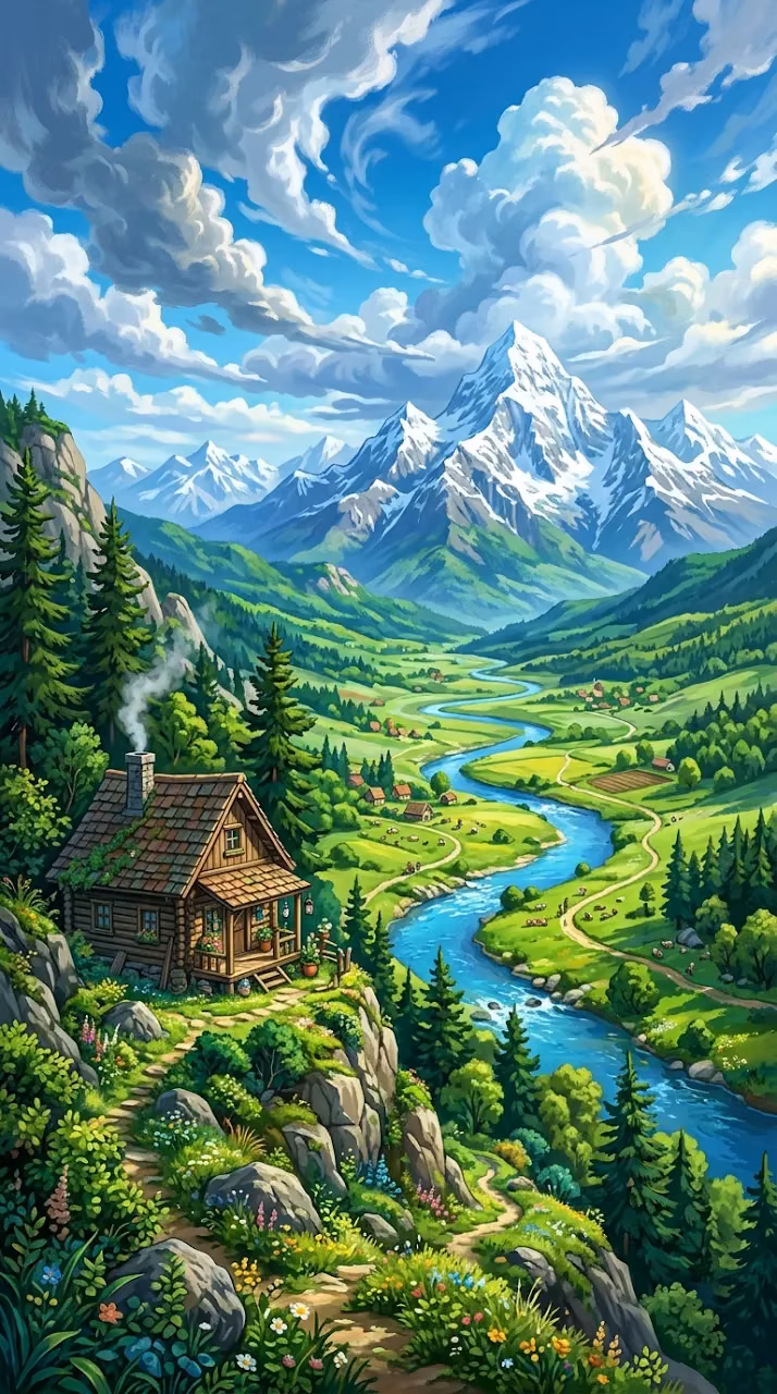 Vibrant Illustration of a Mountain Valley with a River and Cabins - Free Mobile AMOLED Wallpaper Background