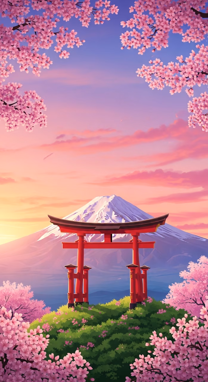 Vibrant Illustration of a Red Torii Gate, Cherry Blossoms, and Mount Fuji at Sunset - Free Mobile AMOLED Wallpaper Background