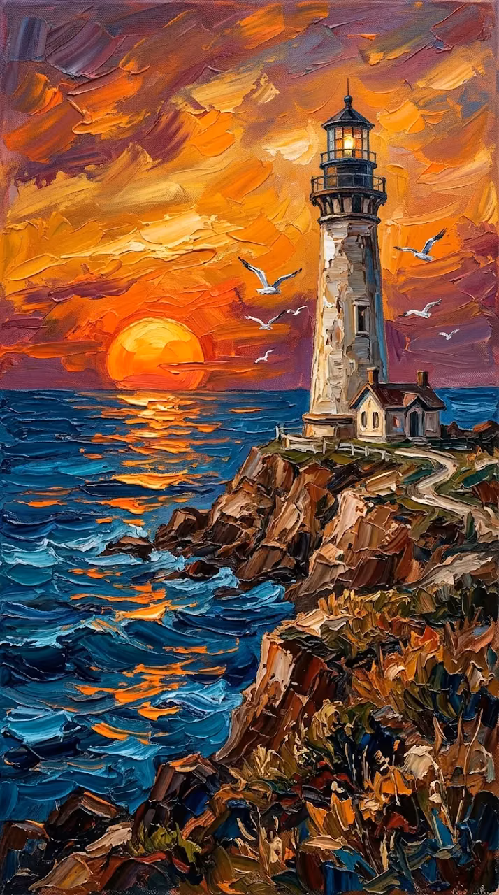 Download Vibrant Impasto Painting of a Lighthouse at Sunset with Birds Wallpaper in Mobile HD Vibrant Impasto Painting of a Lighthouse at Sunset with Birds - Free Mobile AMOLED Wallpaper Background