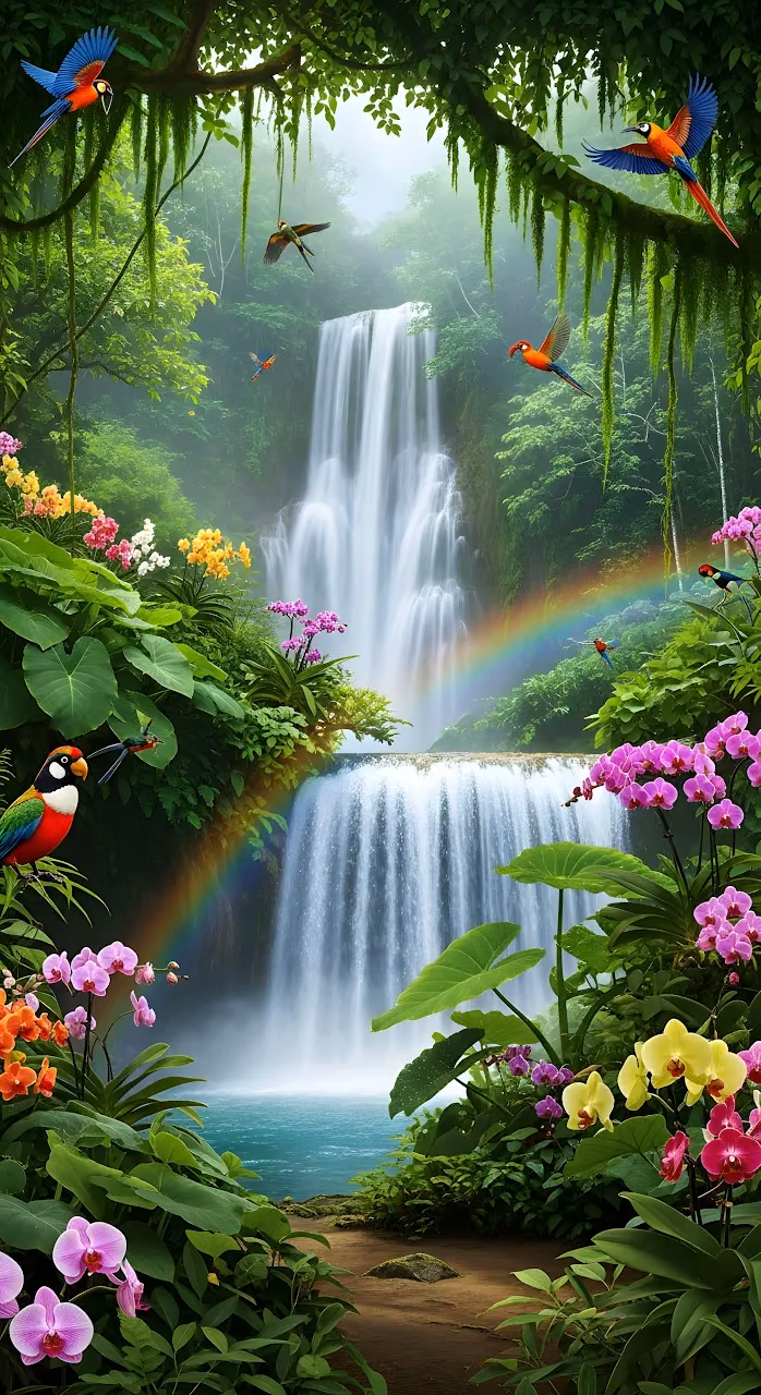 Vibrant Jungle Waterfall Rainbow Exotic Birds Tropical Orchids - Free Mobile AMOLED Wallpaper Background