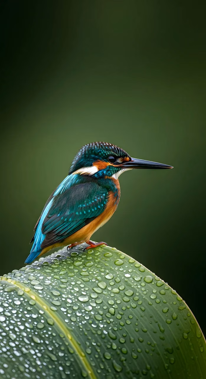 Vibrant Kingfisher Bird on Wet Tropical Leaf Macro - Free Mobile AMOLED Wallpaper Background