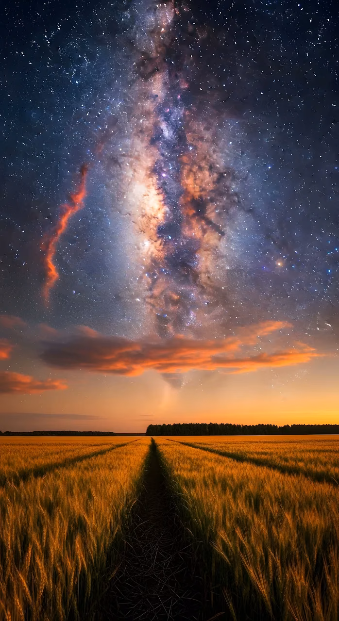 Vibrant Nebula Sky Over Sunset Wheat Field Path - Free Mobile AMOLED Wallpaper Background