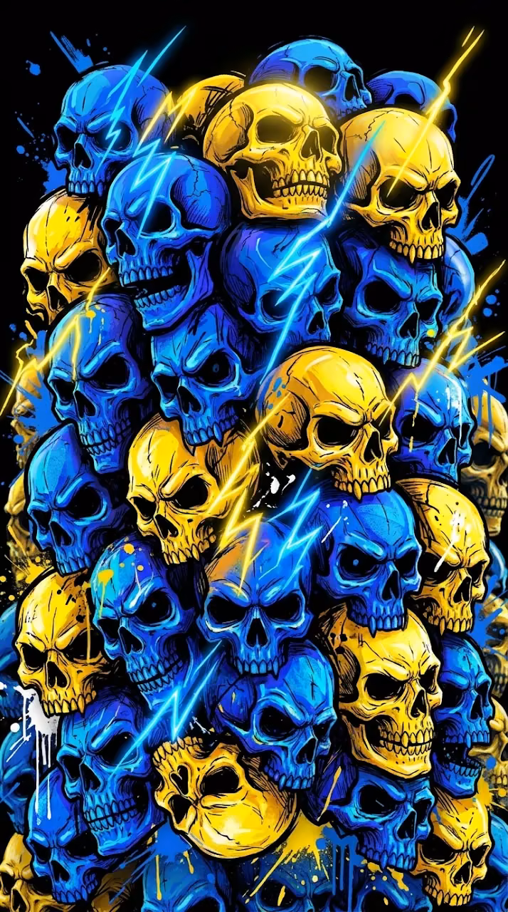 Vibrant Neon Blue and Yellow Acid Graffiti Skulls Pile - Free Mobile AMOLED Wallpaper Background
