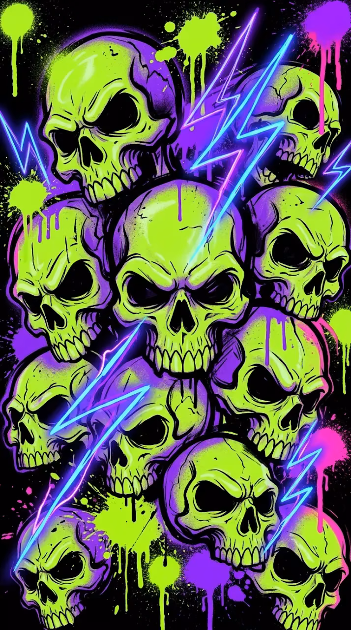 Vibrant Neon Lime Green and Purple Acid Graffiti Skulls Pile - Free Mobile AMOLED Wallpaper Background