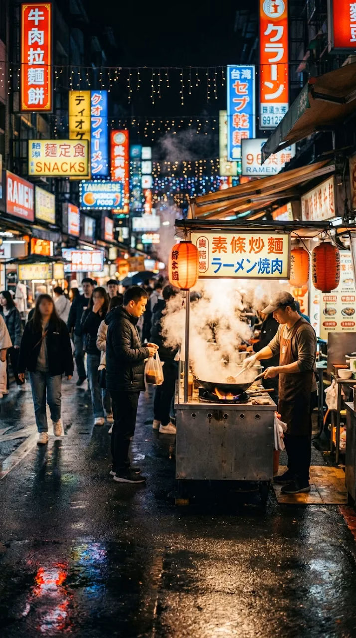 Vibrant Night Market with Steam and Neon Signs - Free Mobile AMOLED Wallpaper Background