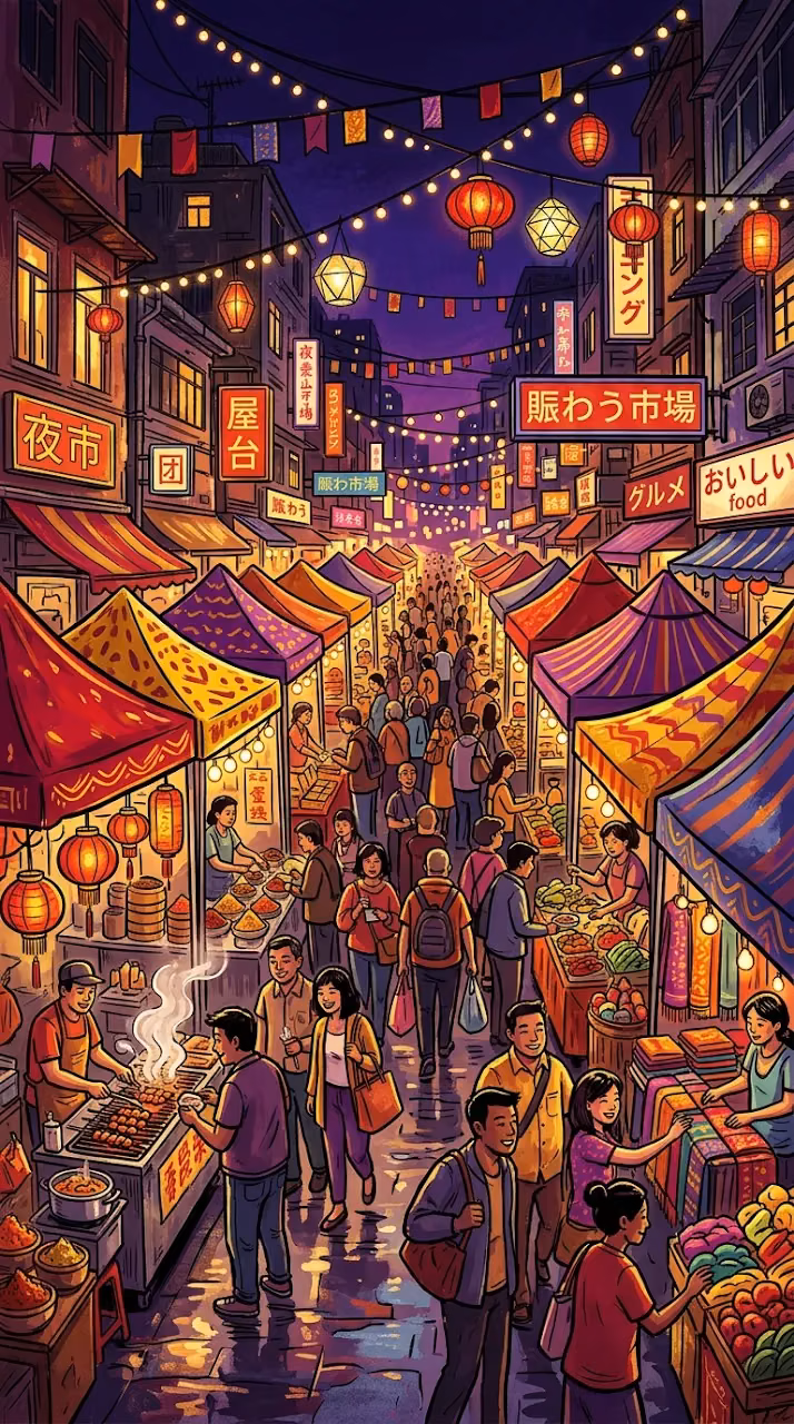 Vibrant Night Street Market with Colorful Awnings and Lights - Free Mobile AMOLED Wallpaper Background