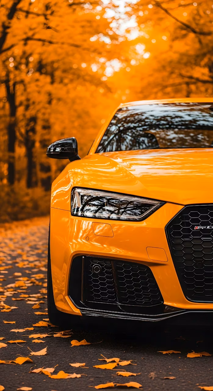 Vibrant Orange Sports Car in Autumn Forest Setting - Free Mobile AMOLED Wallpaper Background