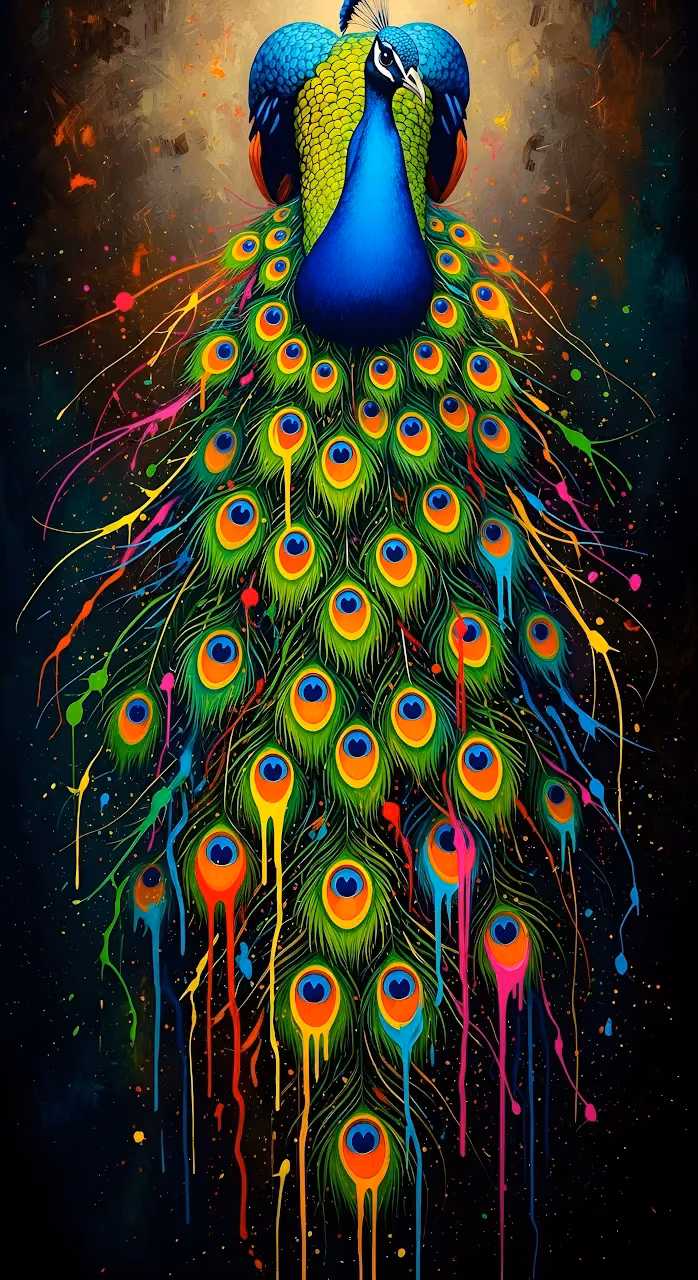 Vibrant Paint Drip Peacock Feathers Abstract Art - Free Mobile AMOLED Wallpaper Background