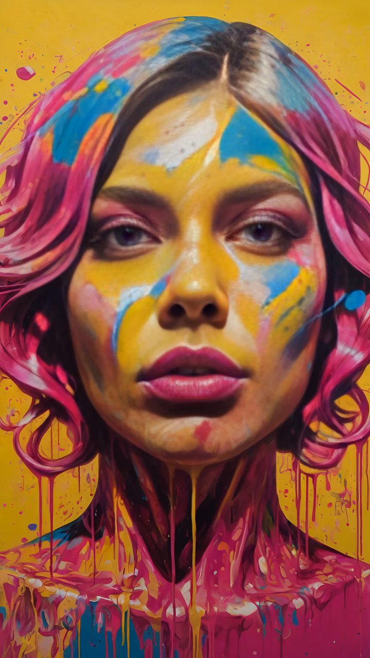 Vibrant Paint-Splashed Portrait on Yellow Background - Free Mobile AMOLED Wallpaper Background