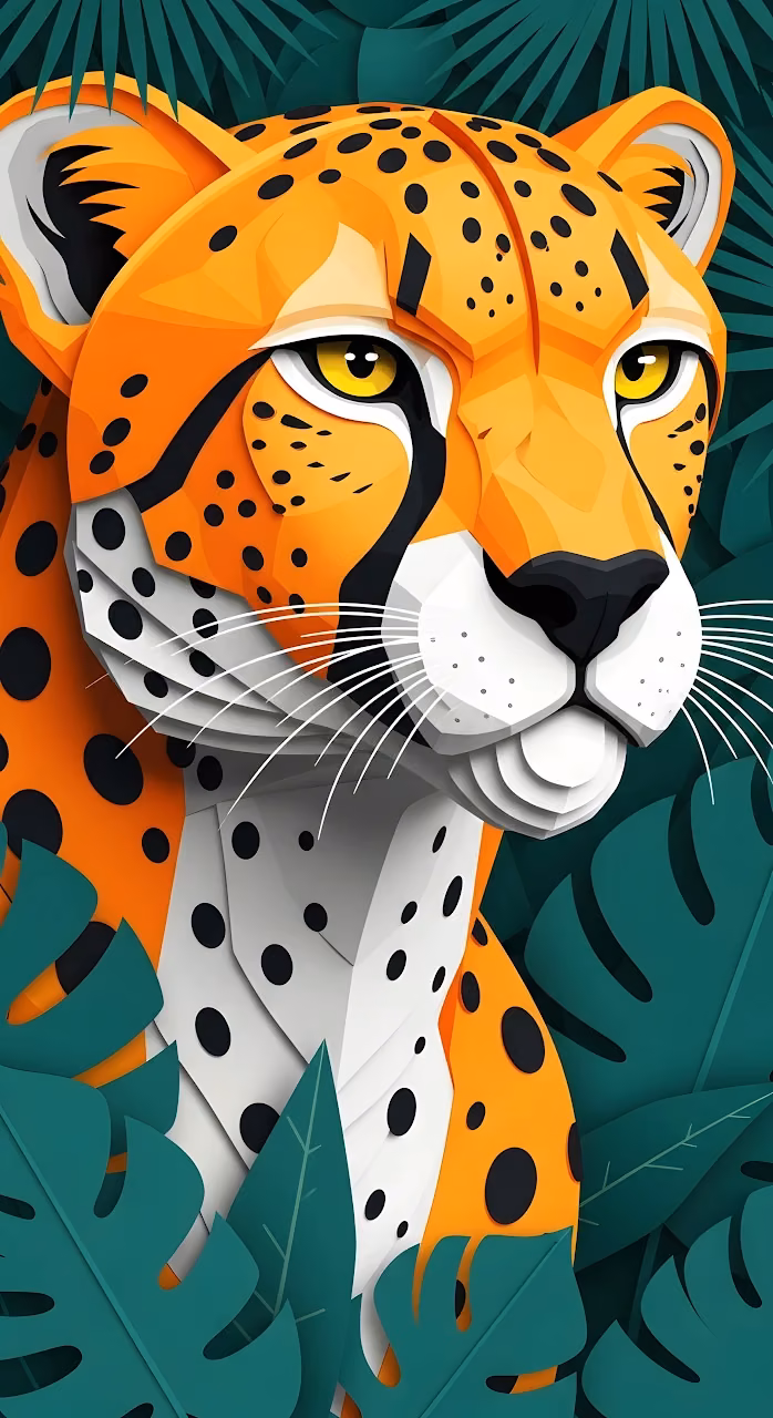Vibrant Papercut Cheetah Portrait in Tropical Foliage - Free Mobile AMOLED Wallpaper Background