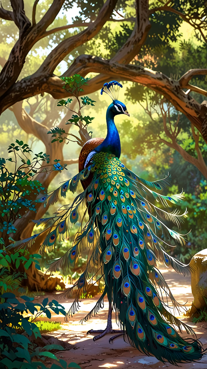Vibrant Peacock Displaying Tail Feathers in Lush Green Forest - Free Mobile AMOLED Wallpaper Background
