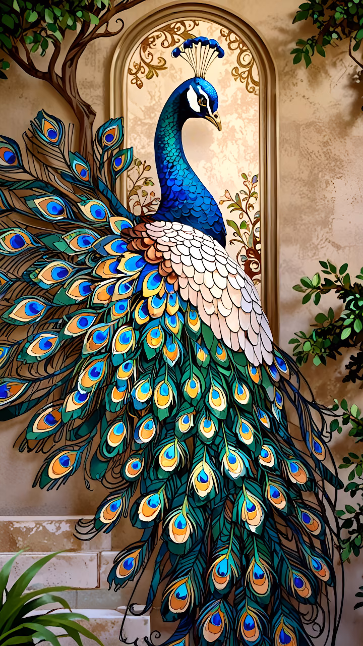 Vibrant Peacock Stained Glass Style Artwork - Free Mobile AMOLED Wallpaper Background