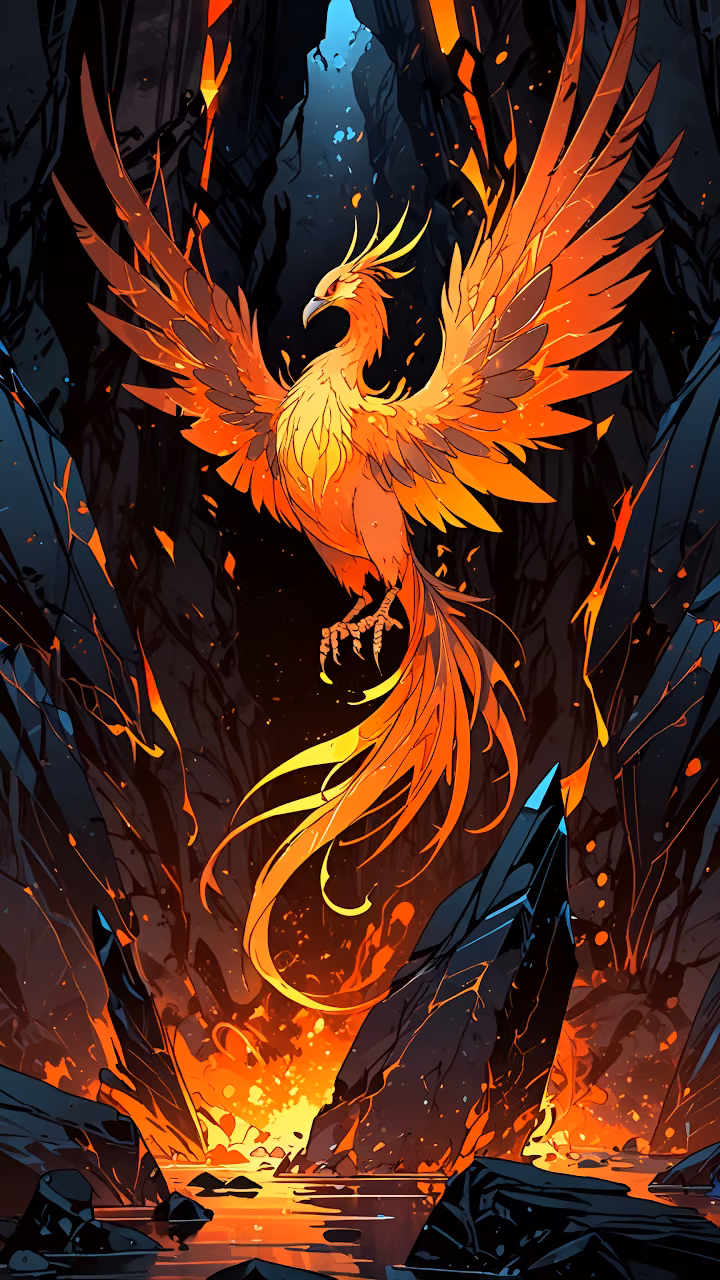 Vibrant Phoenix Rising From Molten Lava Cavern - Free Mobile AMOLED Wallpaper Background