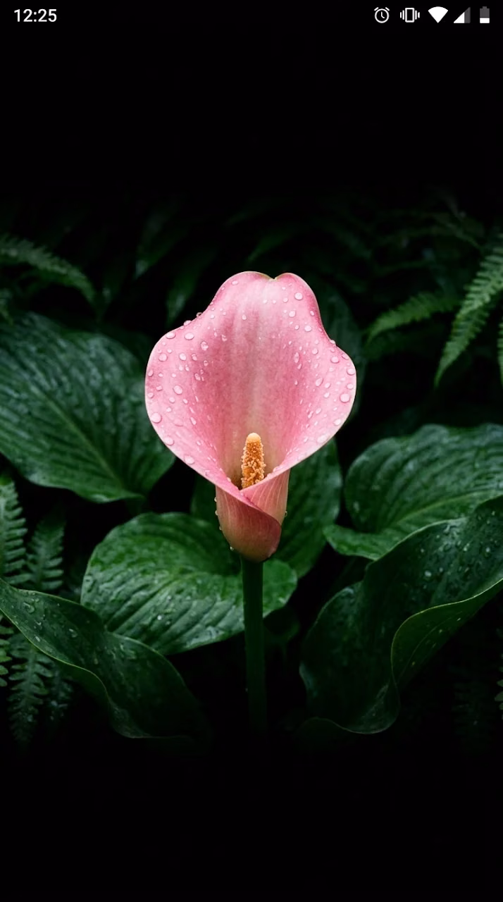 Download Vibrant Pink Calla Lily with Dewdrops in Moody Forest Greens Wallpaper in Mobile HD Vibrant Pink Calla Lily with Dewdrops in Moody Forest Greens - Free Mobile AMOLED Wallpaper Background