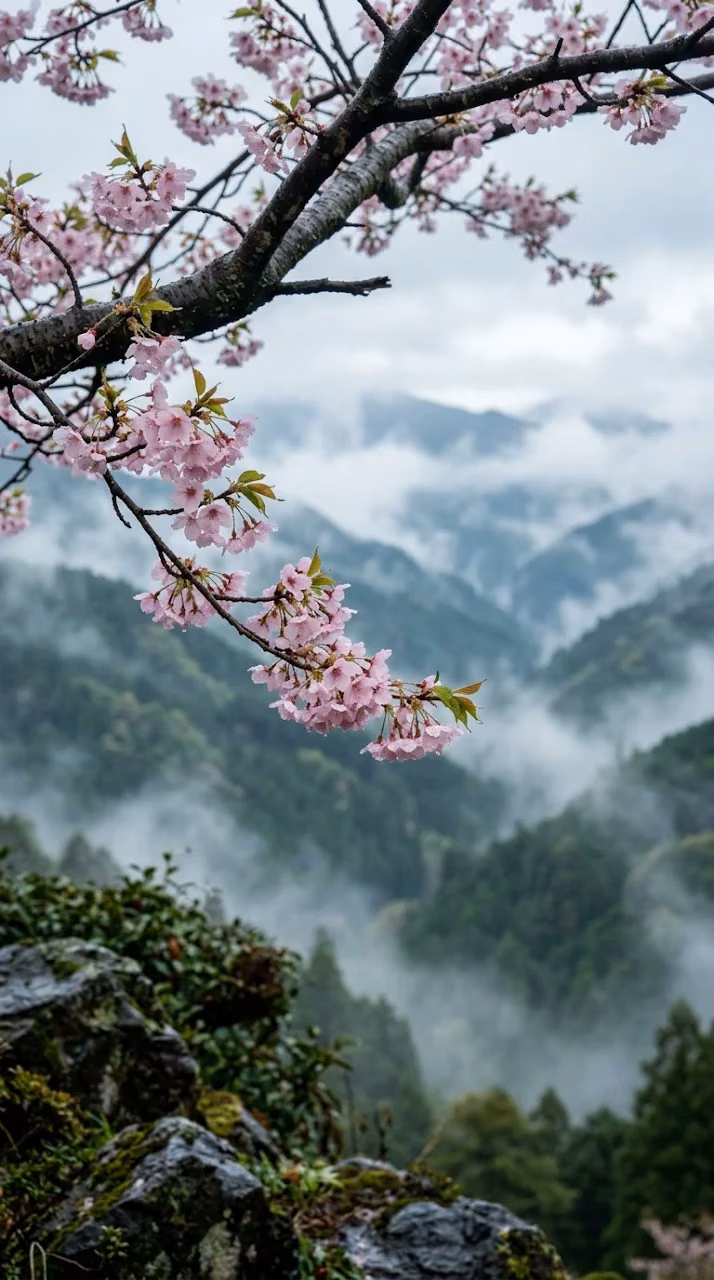 Download Vibrant Pink Cherry Blossoms Overlooking a Misty Green Mountain Valley Wallpaper in Mobile HD Vibrant Pink Cherry Blossoms Overlooking a Misty Green Mountain Valley - Free Mobile AMOLED Wallpaper Background