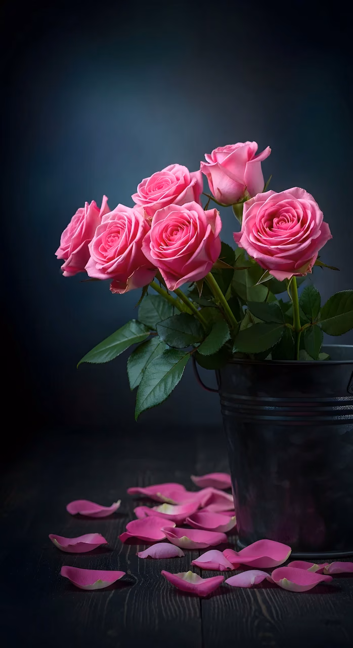 Vibrant Pink Roses Bouquet in Dark Bucket Still Life - Free Mobile AMOLED Wallpaper Background