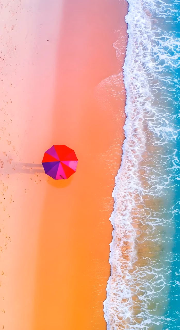 Vibrant Pink Sand Beach Aerial View with Colorful Umbrella - Free Mobile AMOLED Wallpaper Background
