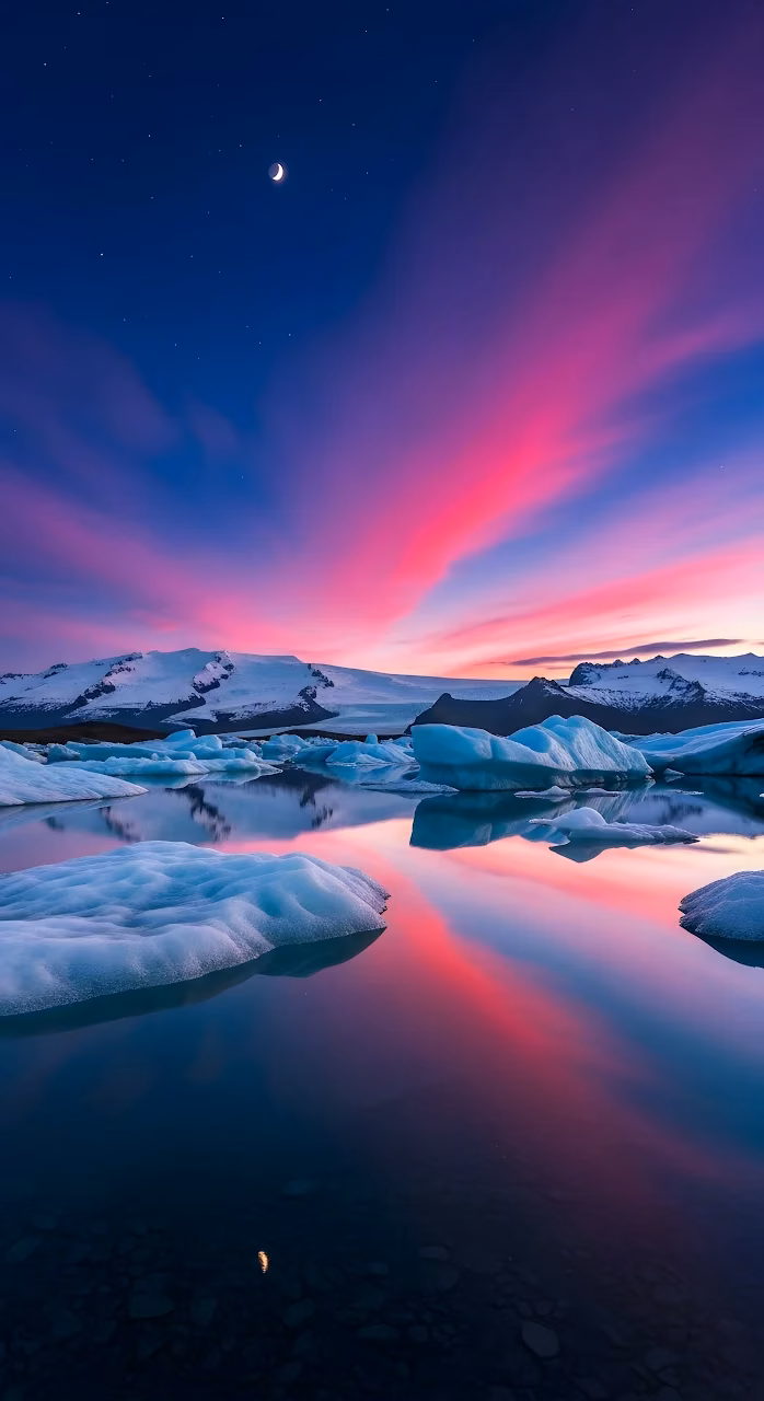 Vibrant Pink Sunset Reflection over Glacial Ice Lagoon - Free Mobile AMOLED Wallpaper Background