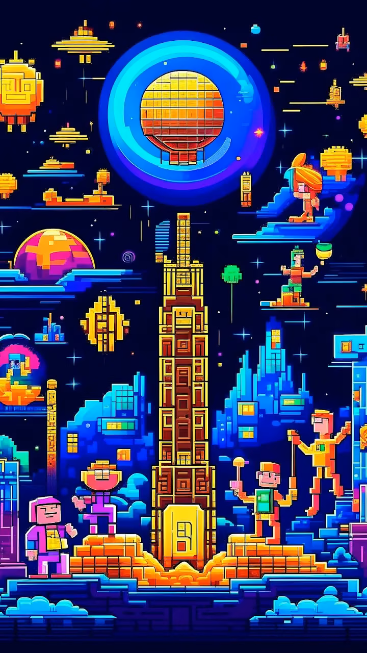 Vibrant Pixel Art City in Cosmic Space - Free Mobile AMOLED Wallpaper Background
