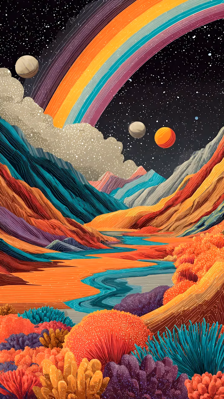 Vibrant Psychedelic Alien Landscape Rainbow Mountains - Free Mobile AMOLED Wallpaper Background