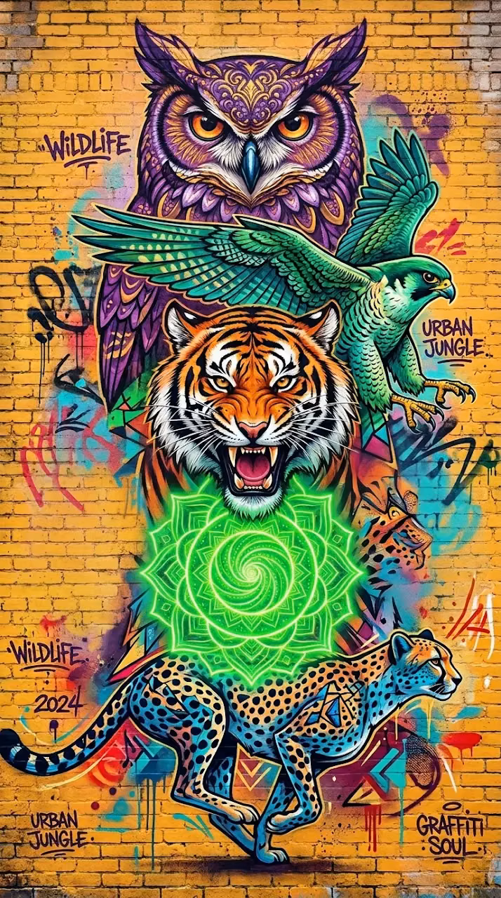 Download Vibrant Psychedelic Graffiti Mural of Forest Animal Totems Wallpaper in Mobile HD Vibrant Psychedelic Graffiti Mural of Forest Animal Totems - Free Mobile AMOLED Wallpaper Background