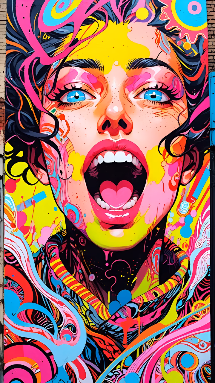 Download Vibrant Psychedelic Mural of Screaming Woman Wallpaper in Mobile HD Vibrant Psychedelic Mural of Screaming Woman - Free Mobile AMOLED Wallpaper Background