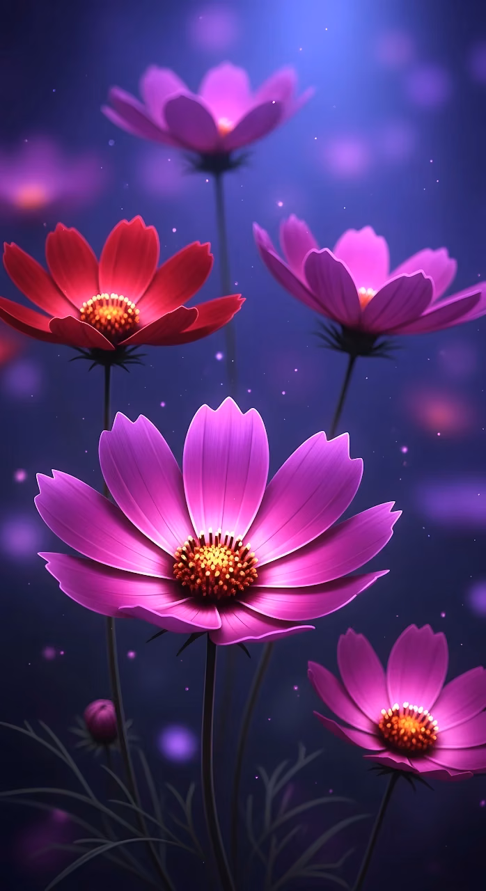 Vibrant Purple Cosmos Blooms, Magical Night Garden Scene - Free Mobile AMOLED Wallpaper Background
