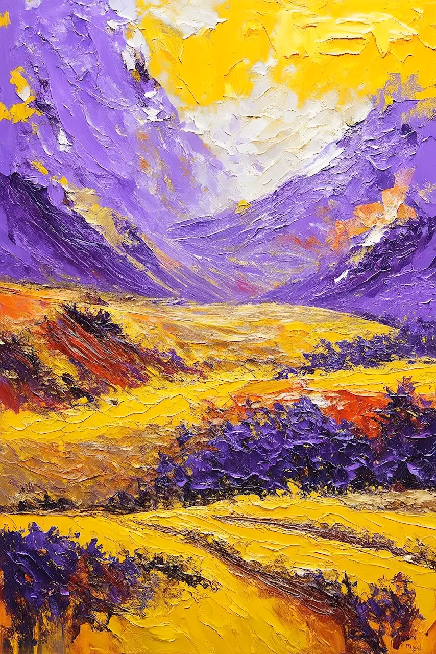 Vibrant Purple and Yellow Impressionist Landscape - Free Mobile AMOLED Wallpaper Background