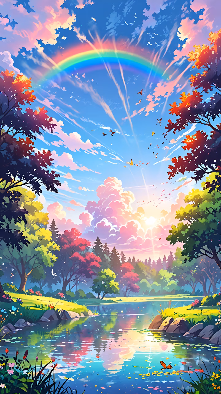 Vibrant Rainbow Over River in Colorful Autumn Forest - Free Mobile AMOLED Wallpaper Background