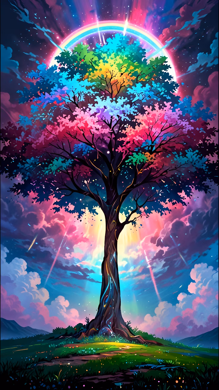 Download Vibrant Rainbow Tree of Life Fantasy Landscape Glowing Sky Art Wallpaper in Mobile HD Vibrant Rainbow Tree of Life Fantasy Landscape Glowing Sky Art - Free Mobile AMOLED Wallpaper Background