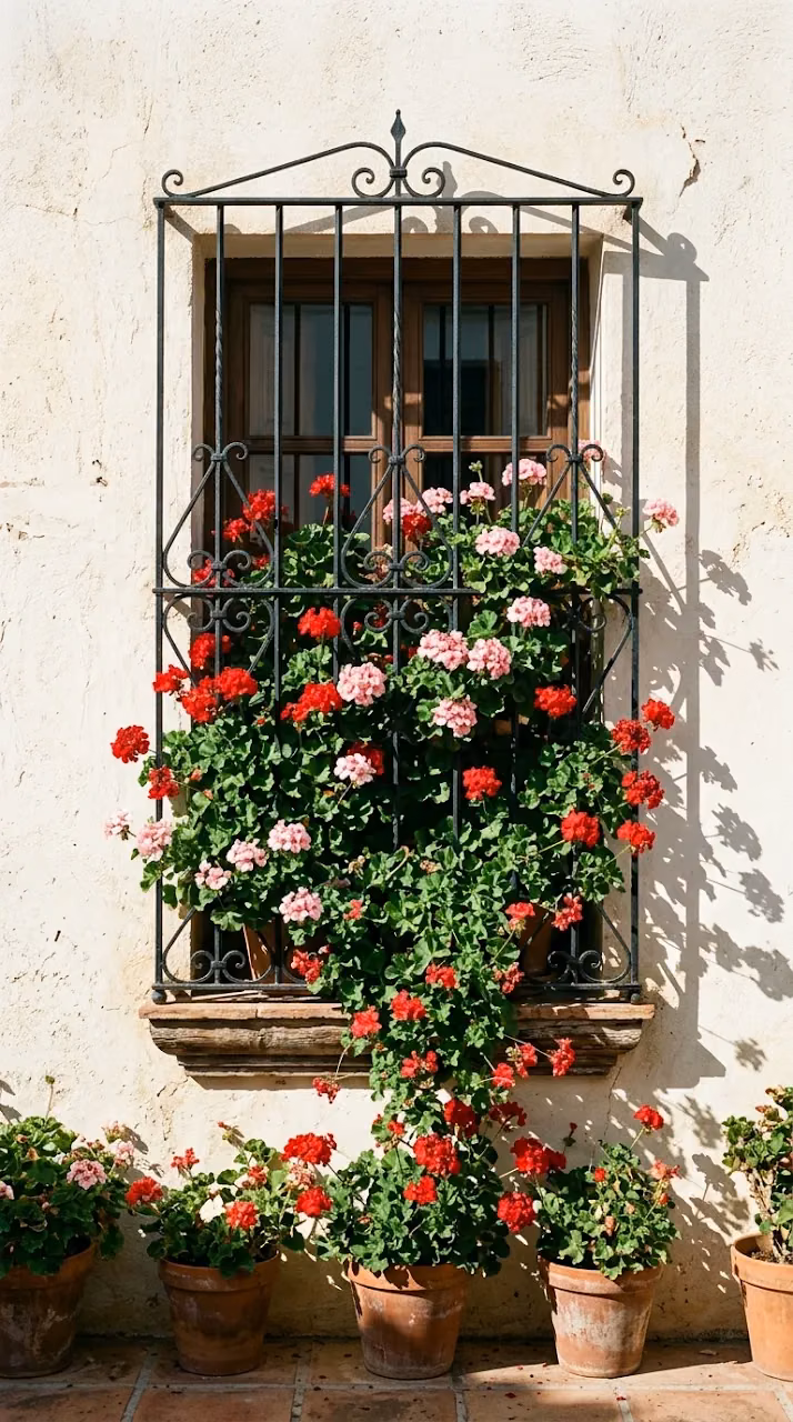Vibrant Red Geraniums in Window on White Plaster Wall - Free Mobile AMOLED Wallpaper Background