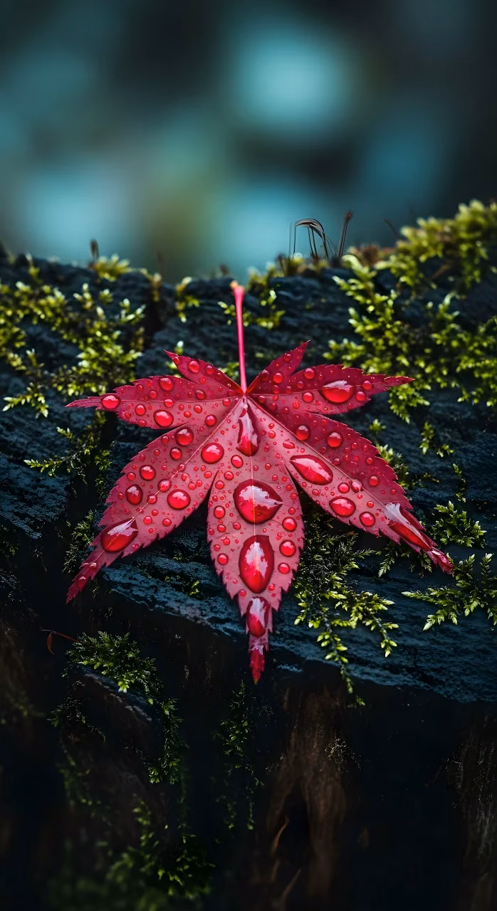 Vibrant Red Maple Leaf Covered in Reflective Raindrops - Free Mobile AMOLED Wallpaper Background