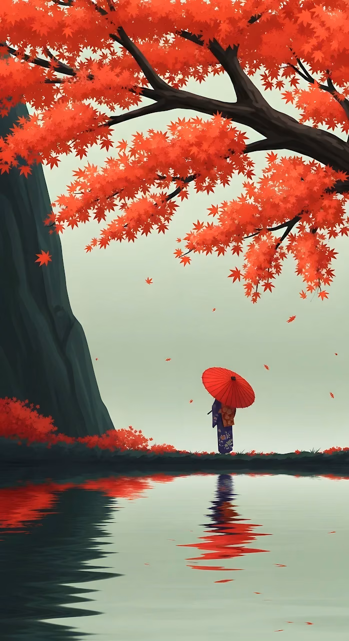 Vibrant Red Maple Leaves and Kimono Reflection Art - Free Mobile AMOLED Wallpaper Background