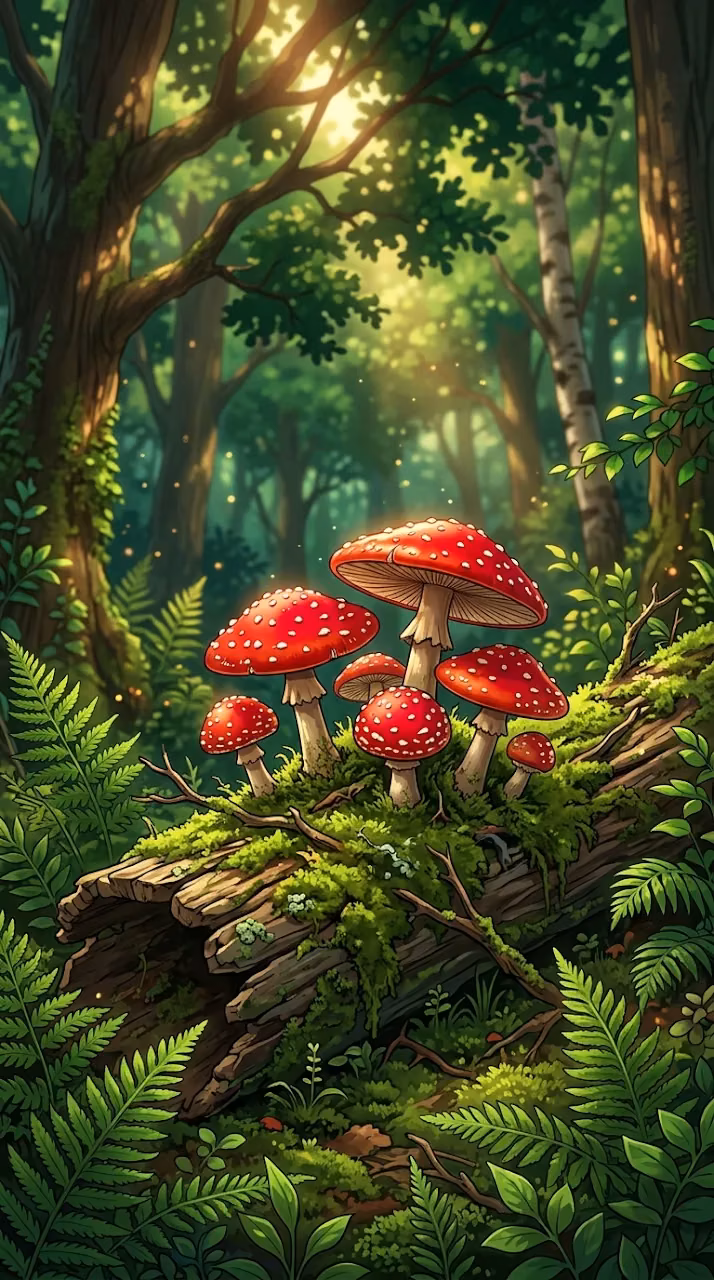 Download Vibrant Red Mushrooms in Forest Illustration Wallpaper in Mobile HD Vibrant Red Mushrooms in Forest Illustration - Free Mobile AMOLED Wallpaper Background