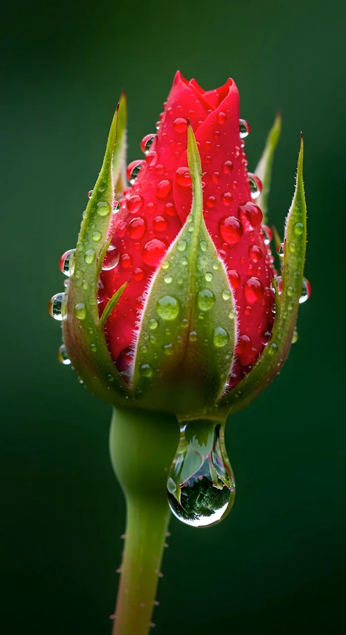 Vibrant Red Rose Bud Macro Water Droplets Nature - Free Mobile AMOLED Wallpaper Background