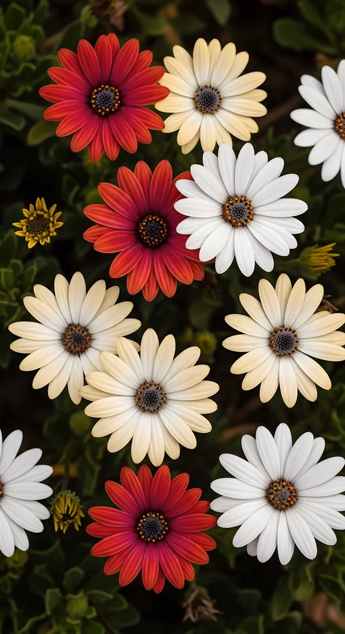 Download Vibrant Red and White African Daisy Flower Cluster Macro Wallpaper in Mobile HD Vibrant Red and White African Daisy Flower Cluster Macro - Free Mobile AMOLED Wallpaper Background