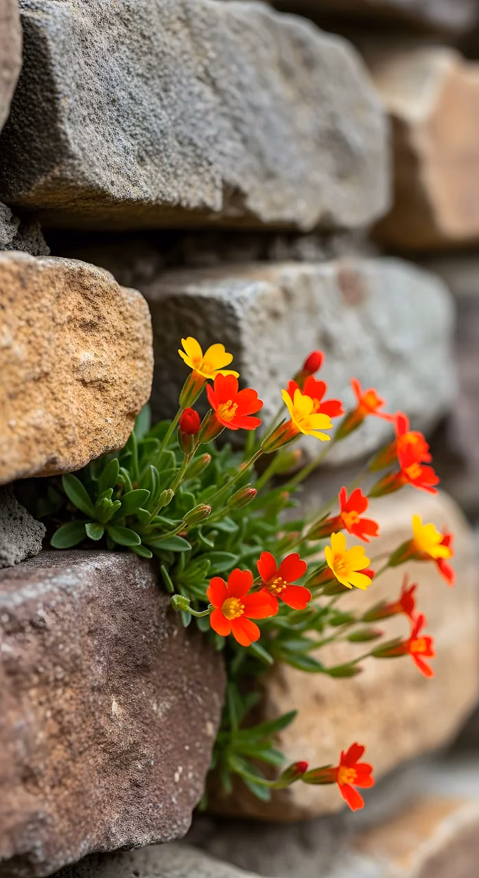 Vibrant Red and Yellow Blooms in Textured Stone Wall - Free Mobile AMOLED Wallpaper Background