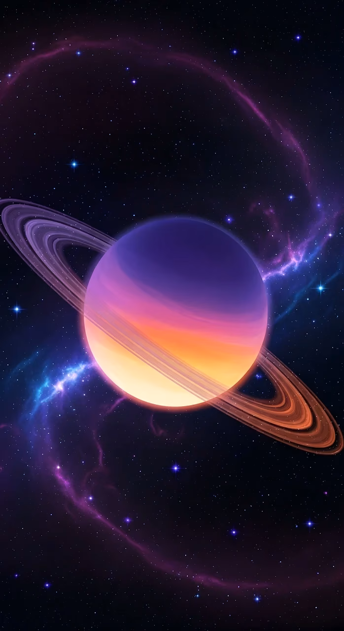 Vibrant Ringed Planet Against a Purple Nebula Sky - Free Mobile AMOLED Wallpaper Background