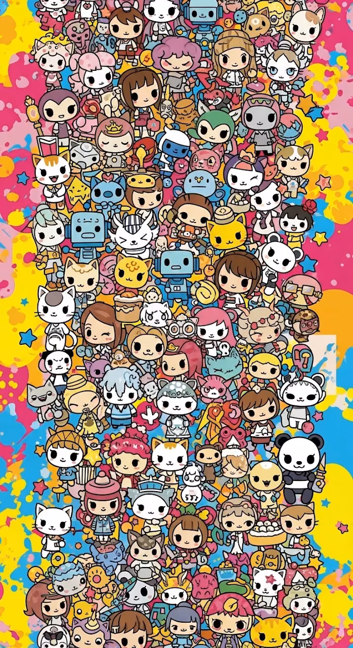 Vibrant Seamless Pattern of Tokidoki-Inspired Cartoon Characters and Elements on Colorful Background - Free Mobile AMOLED Wallpaper Background