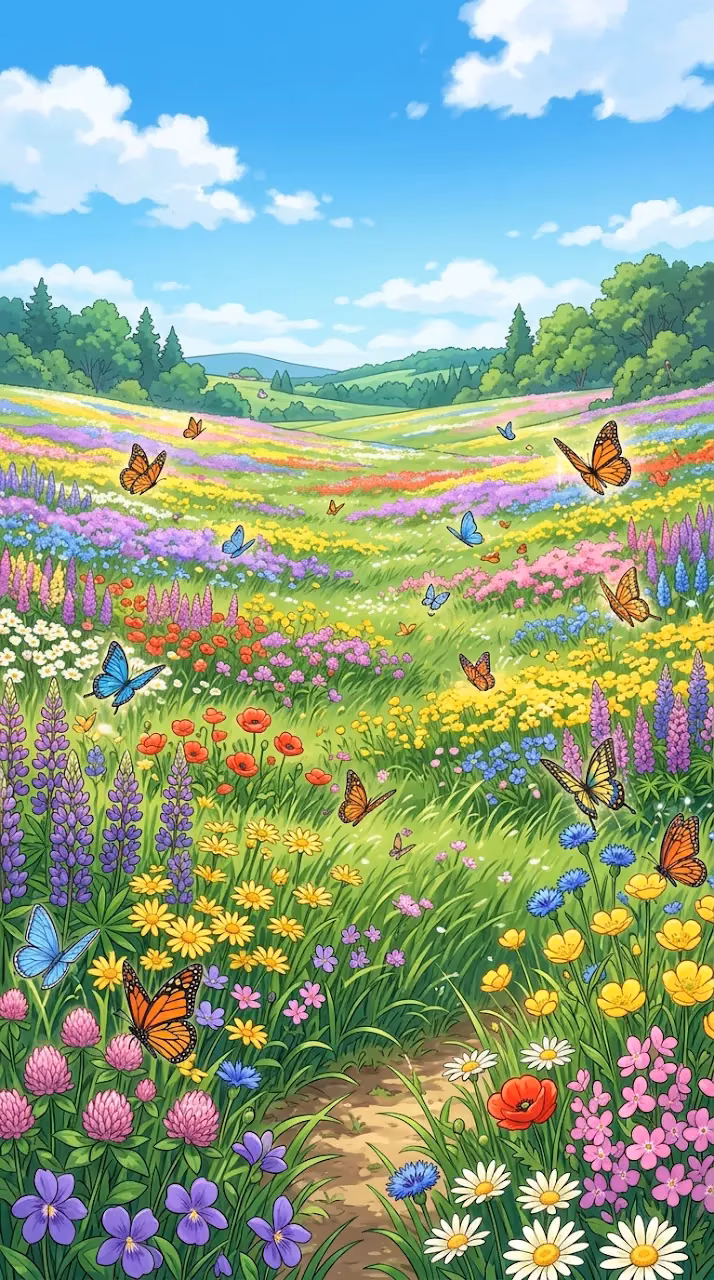 Vibrant Spring Meadow with Wildflowers and Butterflies in Anime Style - Free Mobile AMOLED Wallpaper Background