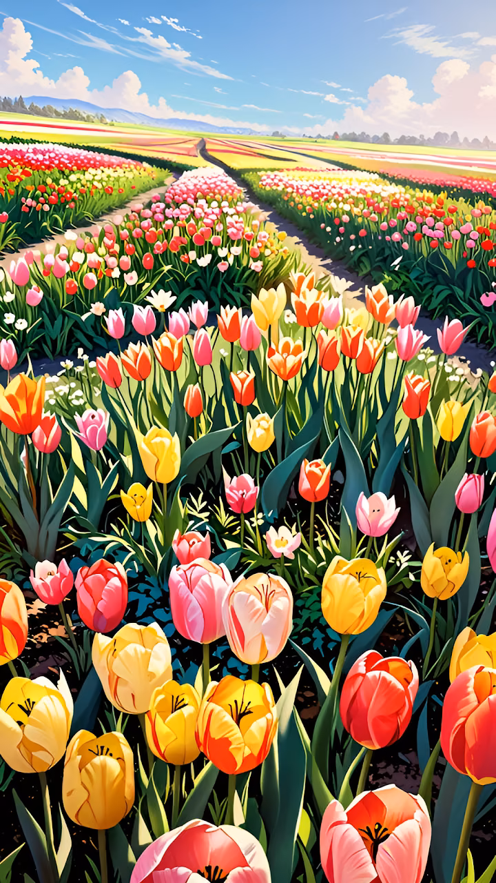 Download Vibrant Spring Tulip Fields Landscape Sunny Day Vertical Wallpaper in Mobile HD Vibrant Spring Tulip Fields Landscape Sunny Day Vertical - Free Mobile AMOLED Wallpaper Background