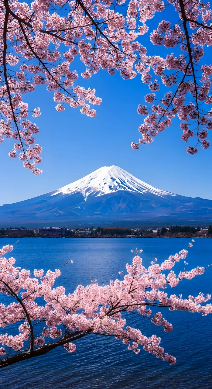 Download Vibrant Spring View of Mount Fuji and Cherry Blossoms Wallpaper in Mobile HD Vibrant Spring View of Mount Fuji and Cherry Blossoms - Free Mobile AMOLED Wallpaper Background