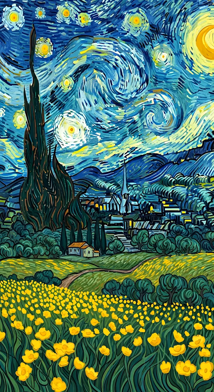 Vibrant Starry Night Painting Yellow Flower Field Art - Free Mobile AMOLED Wallpaper Background