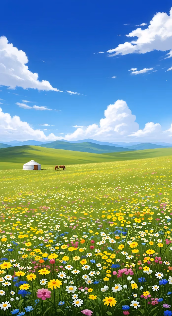 Vibrant Steppe Wildflower Meadow Yurt Horses Scene - Free Mobile AMOLED Wallpaper Background